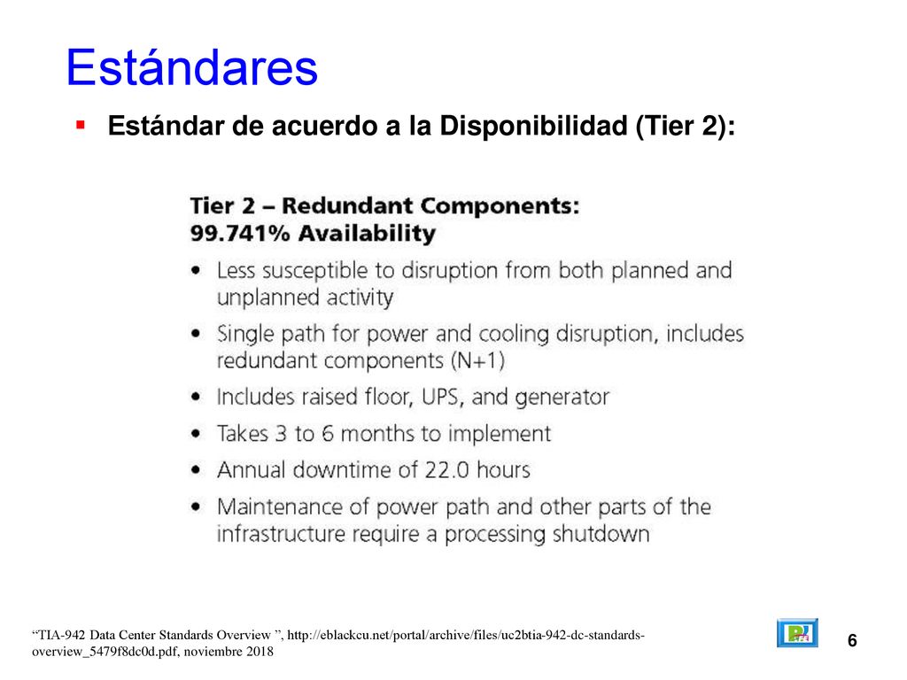 Estándares Estándar de acuerdo a la Disponibilidad (Tier 2): 6