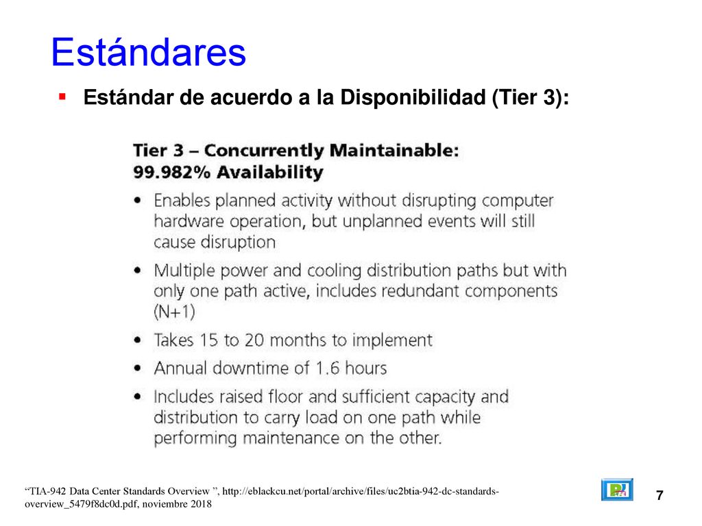 Estándares Estándar de acuerdo a la Disponibilidad (Tier 3): 7