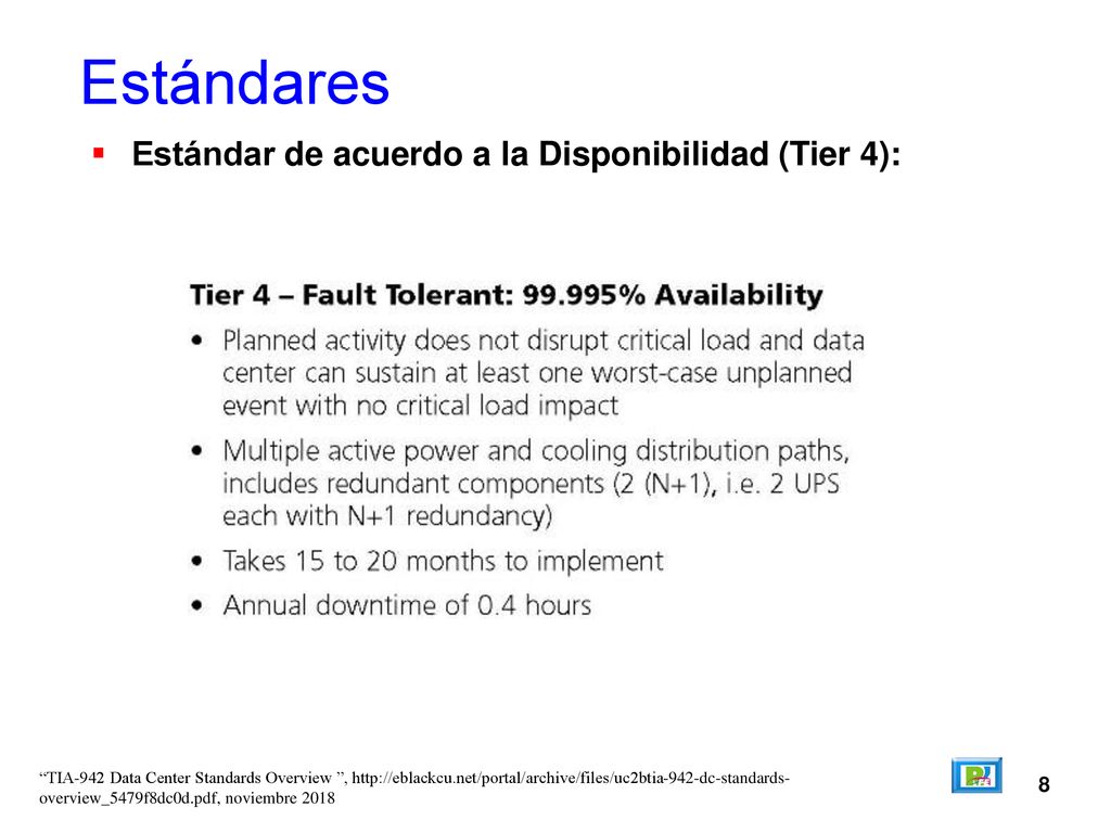 Estándares Estándar de acuerdo a la Disponibilidad (Tier 4): 8