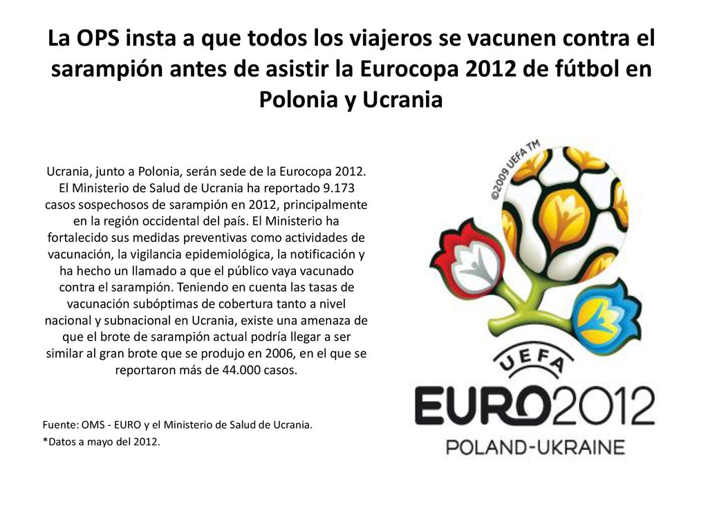 La OPS insta a que todos los viajeros se vacunen contra el sarampión antes de asistir la Eurocopa 2012 de fútbol en Polonia y Ucrania