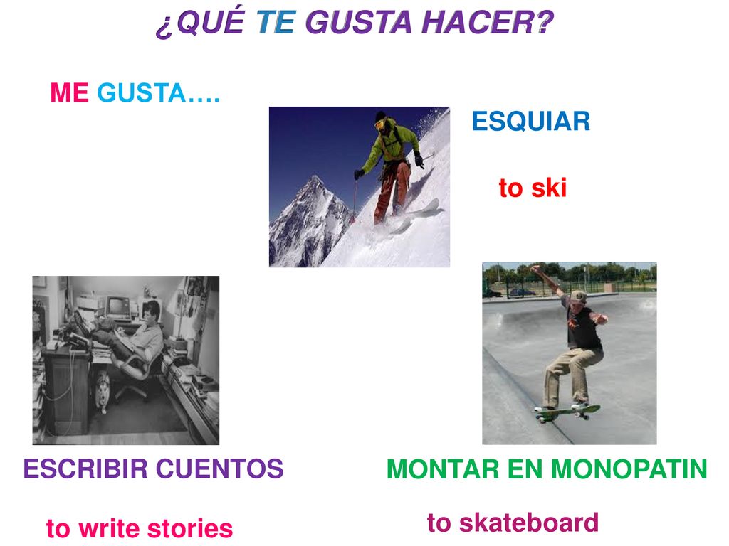 ¿QUÉ TE GUSTA HACER ME GUSTA…. ESQUIAR to ski ESCRIBIR CUENTOS