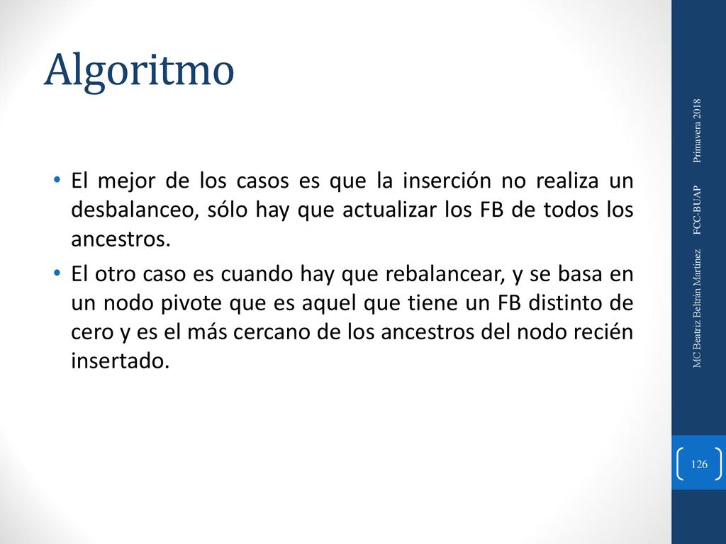Algoritmo El mejor de los casos es que la inserción no realiza un desbalanceo, sólo hay que actualizar los FB de todos los ancestros.