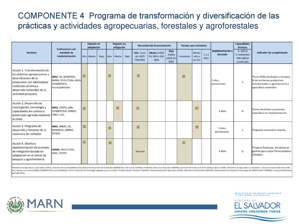 COMPONENTE 4 Programa de transformación y diversificación de las prácticas y actividades agropecuarias, forestales y agroforestales