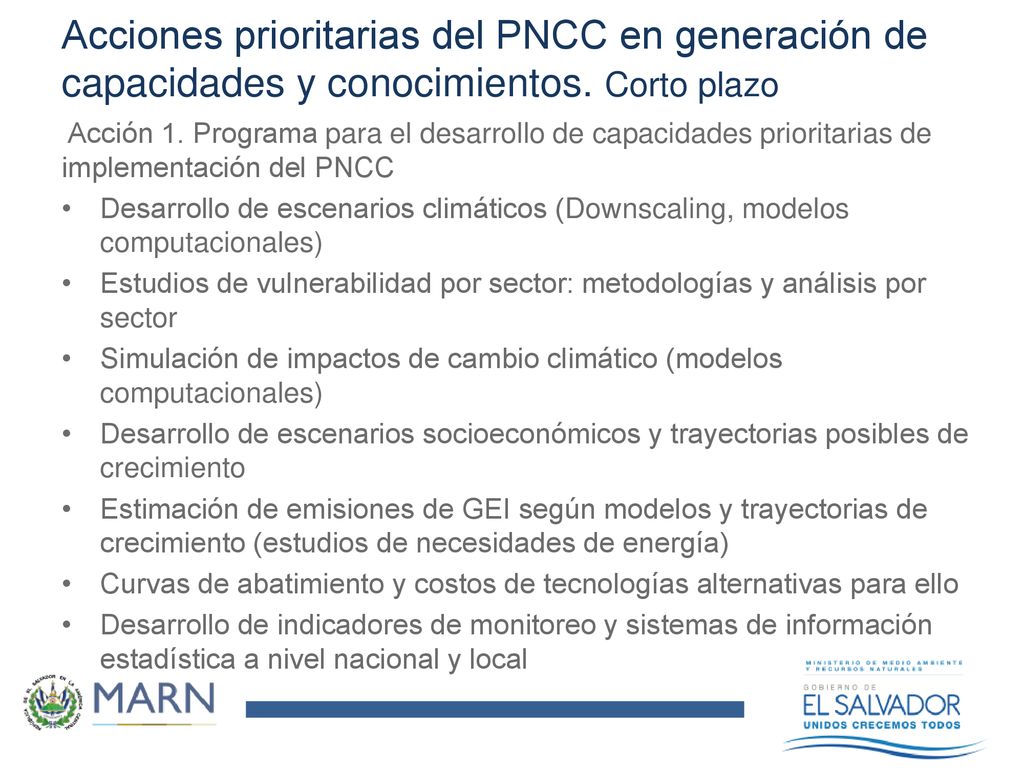 Acciones prioritarias del PNCC en generación de capacidades y conocimientos. Corto plazo