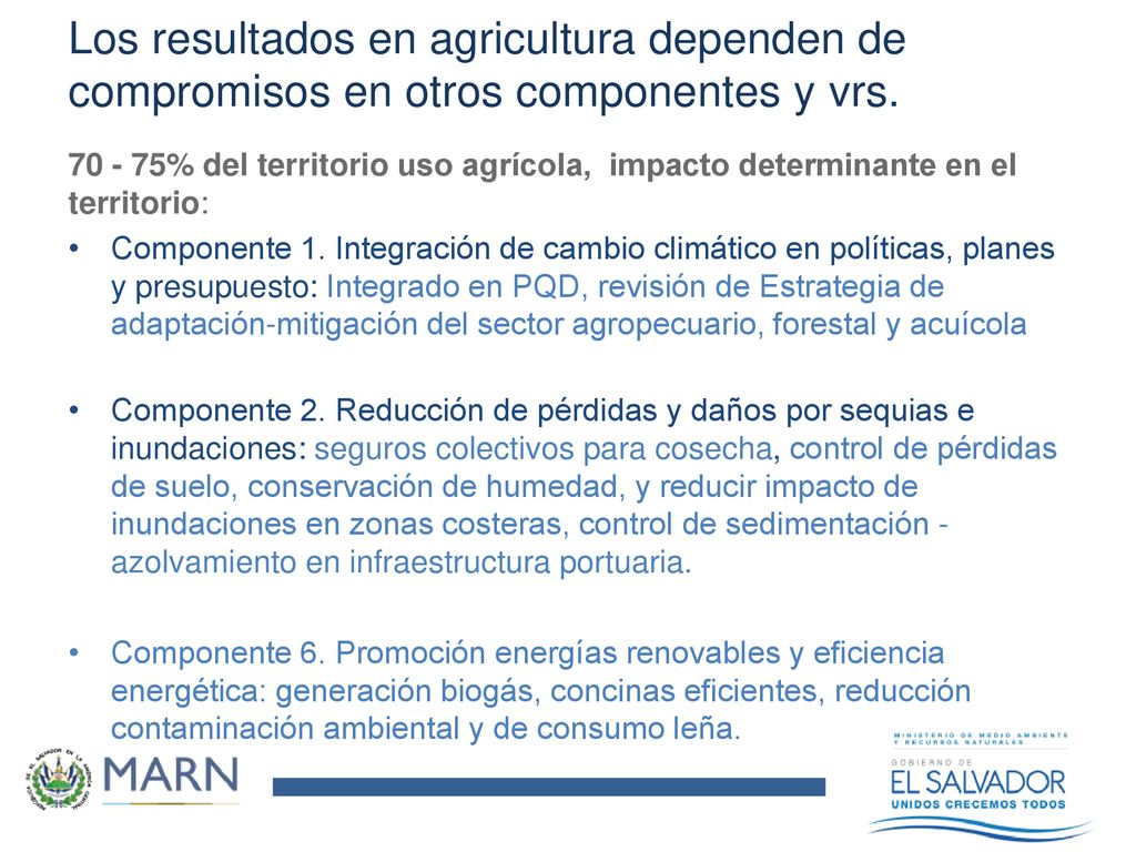 Los resultados en agricultura dependen de compromisos en otros componentes y vrs.