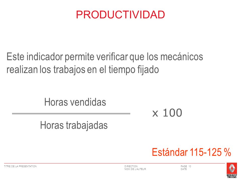 PRODUCTIVIDAD Este indicador permite verificar que los mecánicos realizan los trabajos en el tiempo fijado.