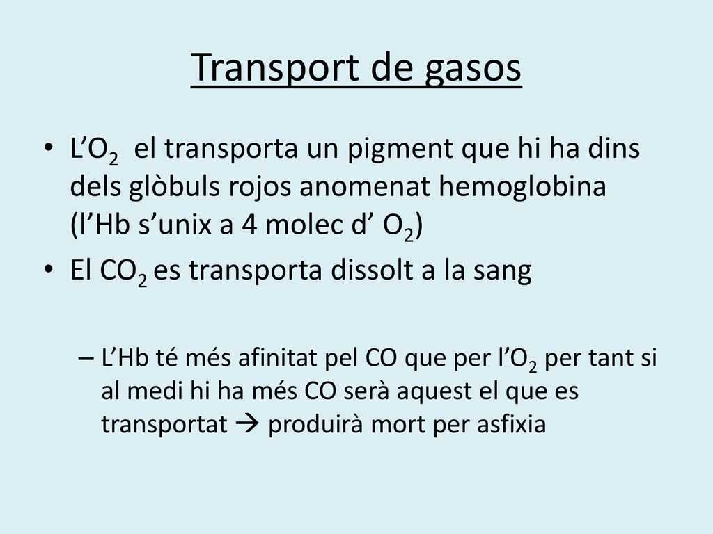 Transport de gasos L’O2 el transporta un pigment que hi ha dins dels glòbuls rojos anomenat hemoglobina (l’Hb s’unix a 4 molec d’ O2)