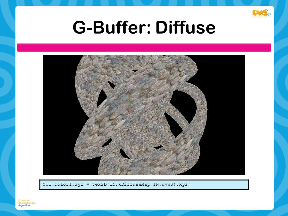 G-Buffer: Diffuse OUT.color1.xyz = tex2D(IN.kDiffuseMap,IN.uvw0).xyz;