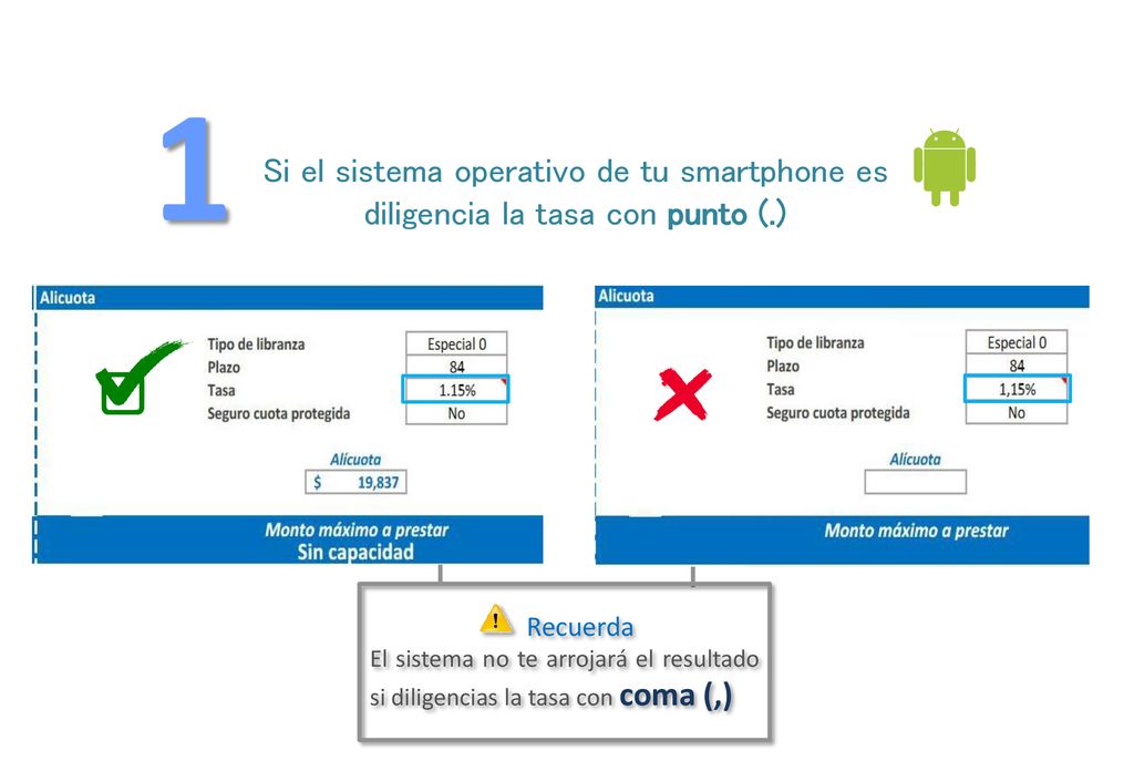 1 Si el sistema operativo de tu smartphone es diligencia la tasa con punto (.) Recuerda.