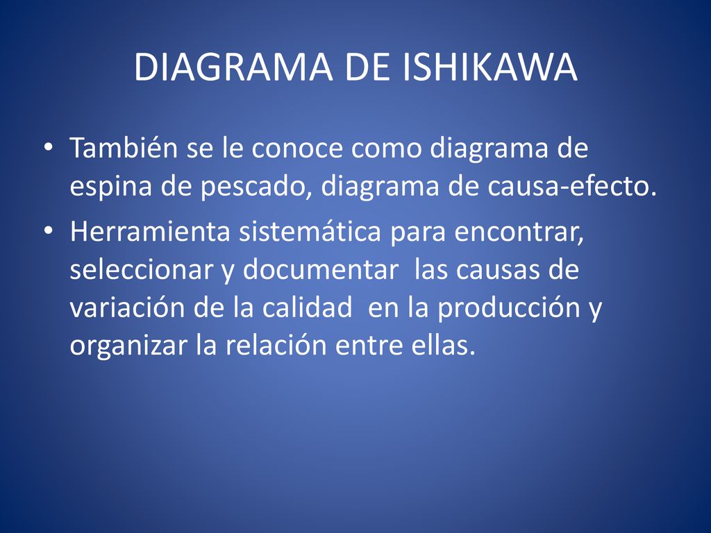 DIAGRAMA DE ISHIKAWA También se le conoce como diagrama de espina de pescado, diagrama de causa-efecto.