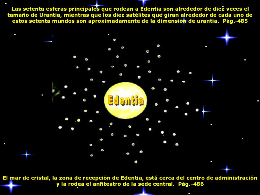Las setenta esferas principales que rodean a Edentia son alrededor de diez veces el tamaño de Urantia, mientras que los diez satélites que giran alrededor de cada uno de estos setenta mundos son aproximadamente de la dimensión de urantia. Pág.-485