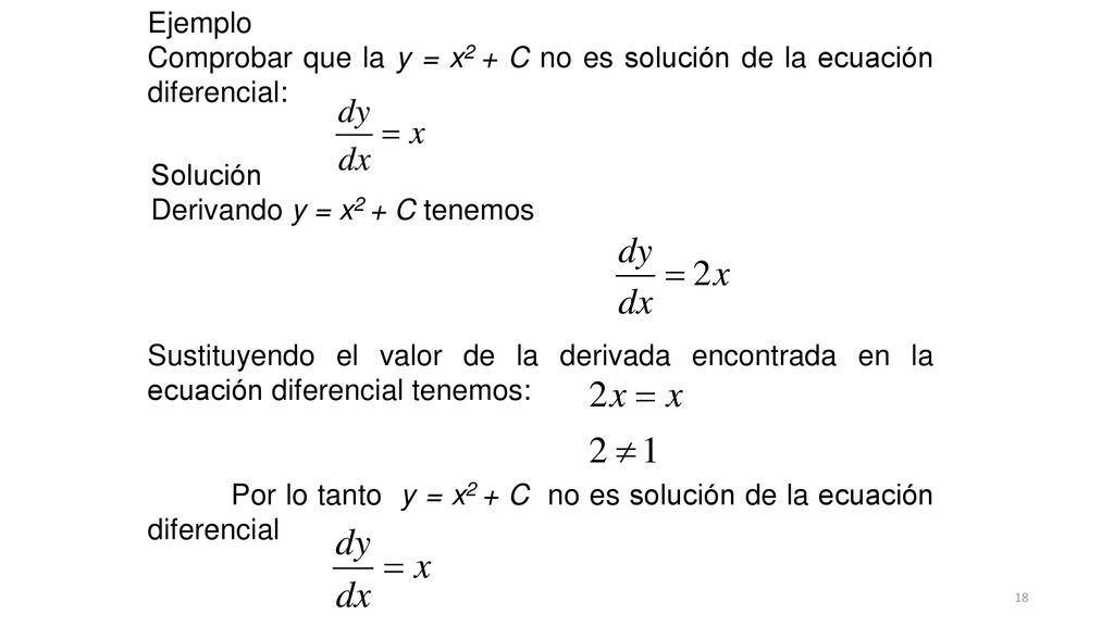 Ejemplo Comprobar que la y = x2 + C no es solución de la ecuación diferencial: Solución. Derivando y = x2 + C tenemos.