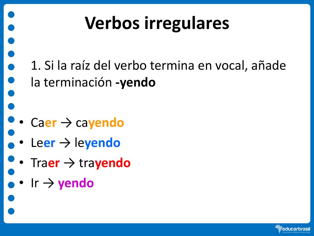 Verbos irregulares 1. Si la raíz del verbo termina en vocal, añade la terminación -yendo. Caer → cayendo.