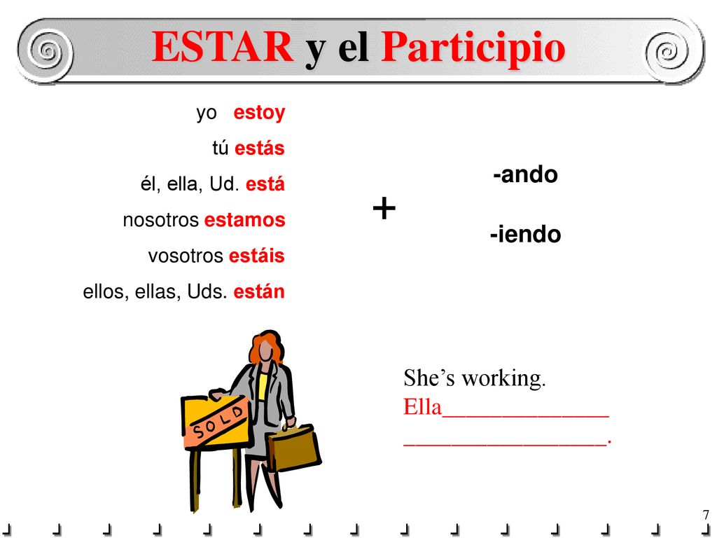 ESTAR y el Participio + -ando -iendo She’s working.