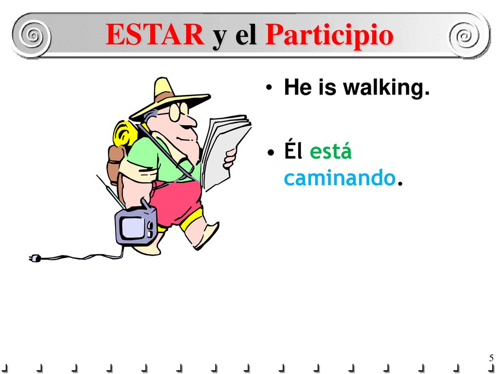 ESTAR y el Participio He is walking. Él está caminando.