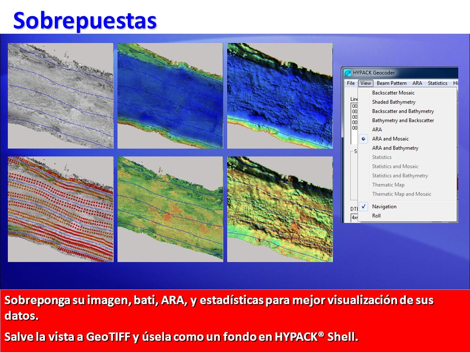Sobrepuestas Sobreponga su imagen, bati, ARA, y estadísticas para mejor visualización de sus datos.