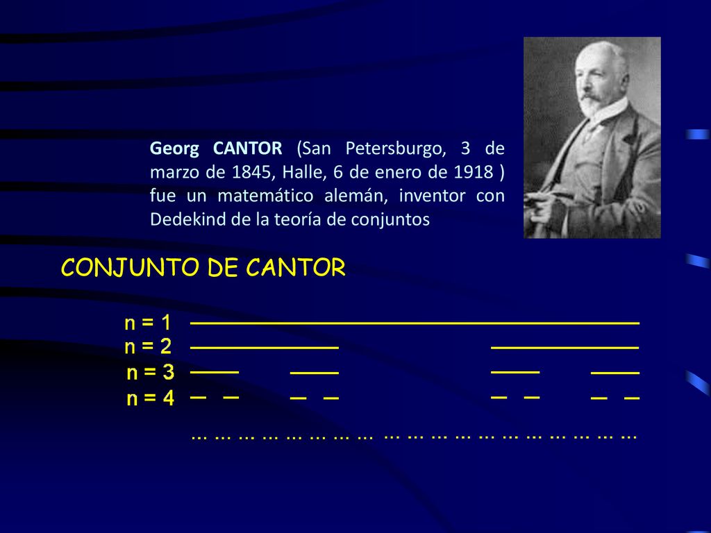 Georg CANTOR (San Petersburgo, 3 de marzo de 1845, Halle, 6 de enero de 1918 ) fue un matemático alemán, inventor con Dedekind de la teoría de conjuntos
