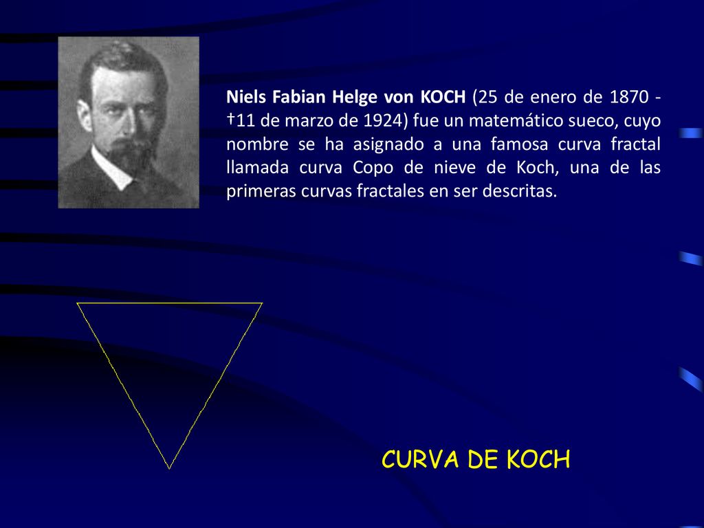 Niels Fabian Helge von KOCH (25 de enero de †11 de marzo de 1924) fue un matemático sueco, cuyo nombre se ha asignado a una famosa curva fractal llamada curva Copo de nieve de Koch, una de las primeras curvas fractales en ser descritas.