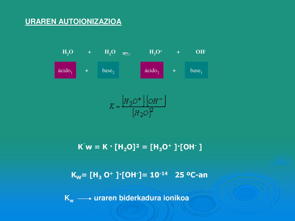 K´w = K · [H2O]² = [H3O+ ]·[OH- ] KW= [H3 O+ ]·[OH-]= ºC-an
