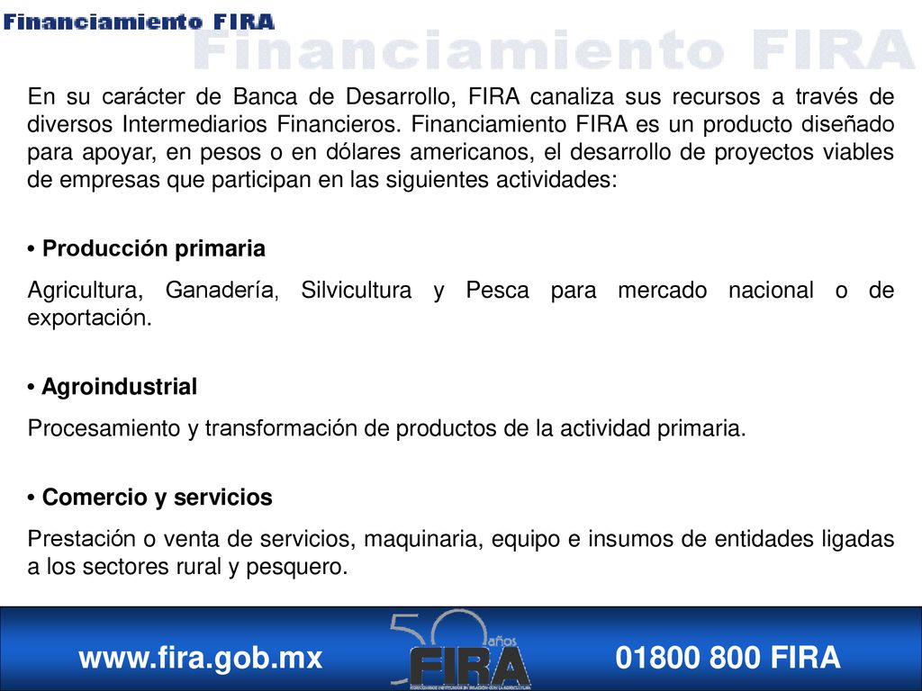 En su carácter de Banca de Desarrollo, FIRA canaliza sus recursos a través de diversos Intermediarios Financieros. Financiamiento FIRA es un producto diseñado para apoyar, en pesos o en dólares americanos, el desarrollo de proyectos viables de empresas que participan en las siguientes actividades: