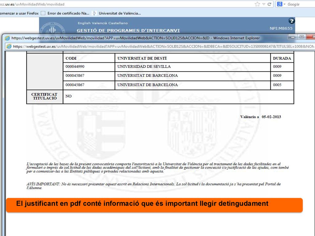 El justificant en pdf conté informació que és important llegir detingudament
