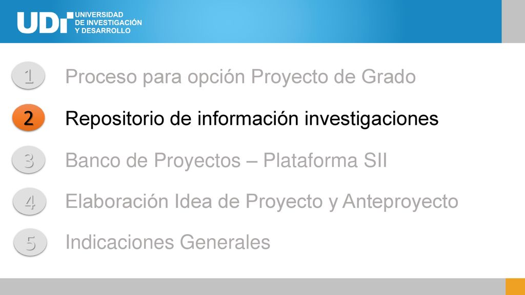 Proceso para opción Proyecto de Grado Repositorio de información investigaciones Banco de Proyectos – Plataforma SII Elaboración Idea de Proyecto y Anteproyecto Indicaciones Generales