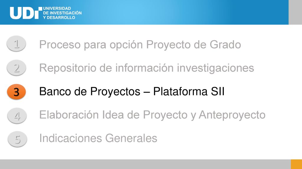Proceso para opción Proyecto de Grado Repositorio de información investigaciones Banco de Proyectos – Plataforma SII Elaboración Idea de Proyecto y Anteproyecto Indicaciones Generales