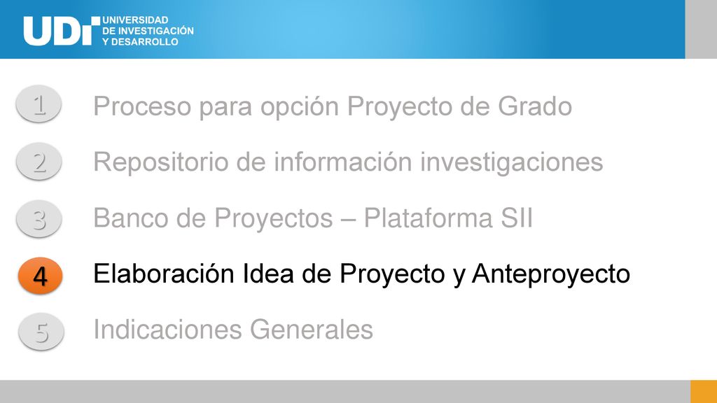 Proceso para opción Proyecto de Grado Repositorio de información investigaciones Banco de Proyectos – Plataforma SII Elaboración Idea de Proyecto y Anteproyecto Indicaciones Generales