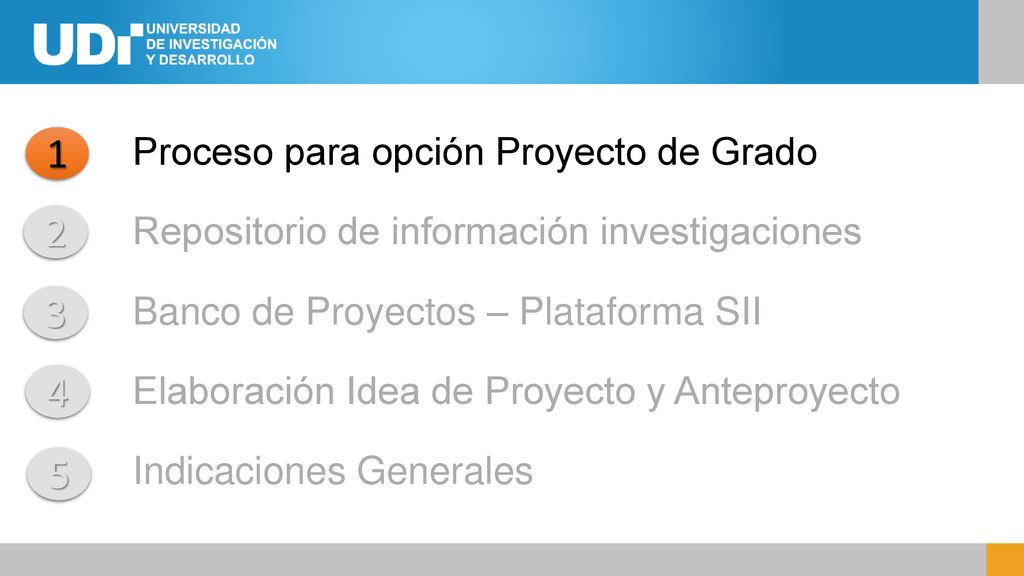 Proceso para opción Proyecto de Grado Repositorio de información investigaciones Banco de Proyectos – Plataforma SII Elaboración Idea de Proyecto y Anteproyecto Indicaciones Generales