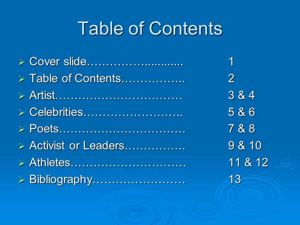 Table of Contents Cover slide……………