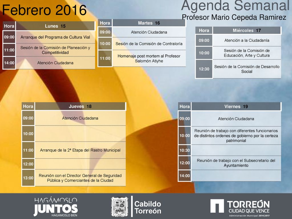 Agenda Semanal Febrero 2016 Profesor Mario Cepeda Ramirez Cabildo