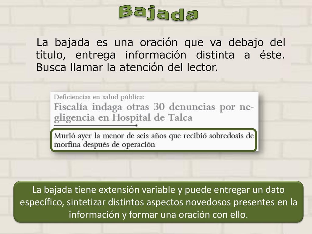 Bajada La bajada es una oración que va debajo del título, entrega información distinta a éste. Busca llamar la atención del lector.