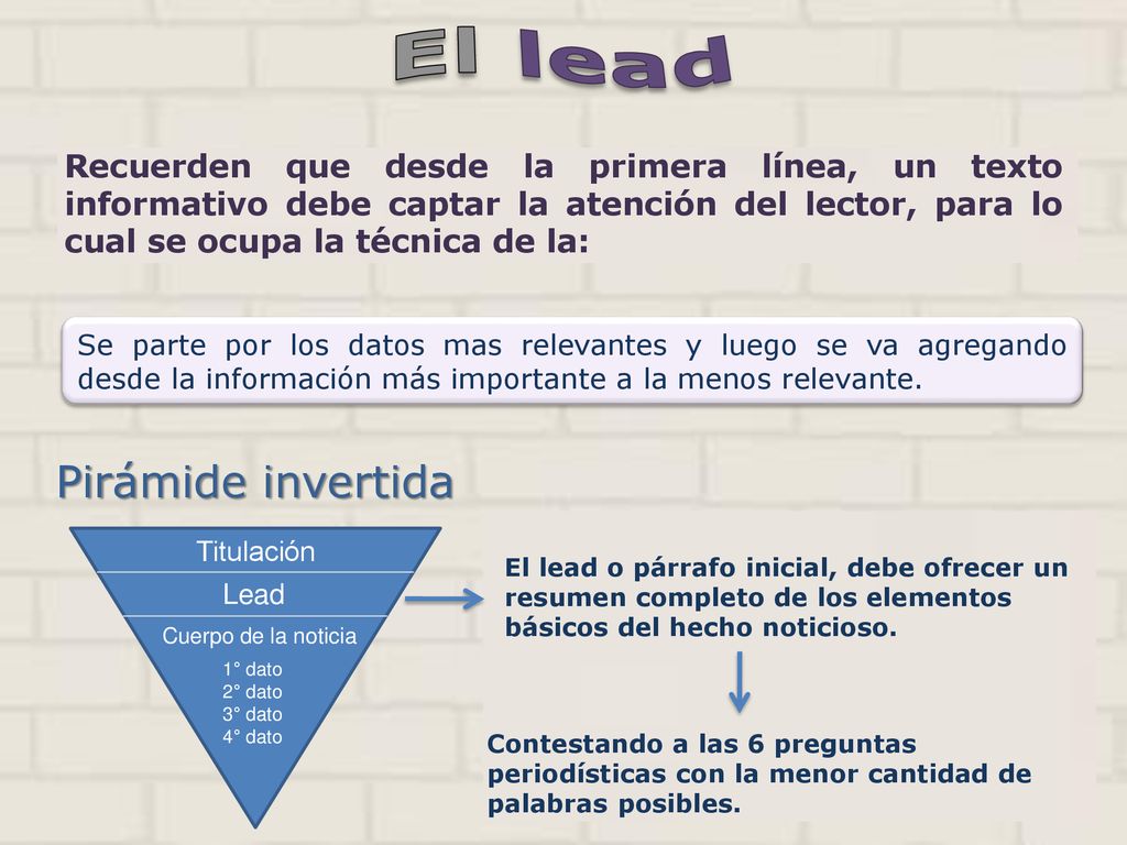 El lead Recuerden que desde la primera línea, un texto informativo debe captar la atención del lector, para lo cual se ocupa la técnica de la: