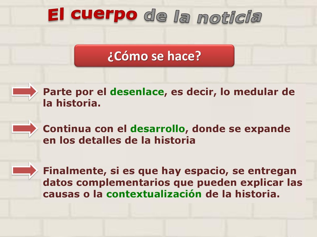 El cuerpo de la noticia ¿Cómo se hace Parte por el desenlace, es decir, lo medular de la historia.