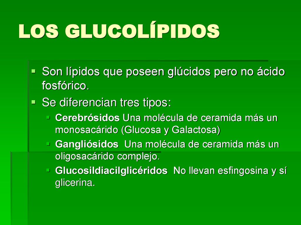 LOS GLUCOLÍPIDOS Son lípidos que poseen glúcidos pero no ácido fosfórico. Se diferencian tres tipos: