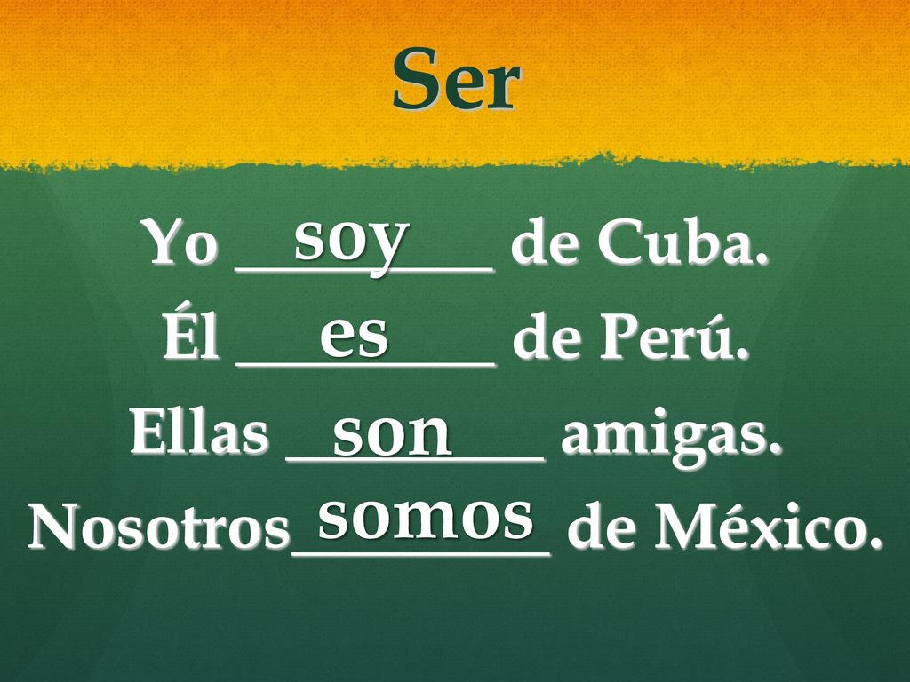 Ser soy. Yo ________ de Cuba. Él ________ de Perú. Ellas ________ amigas. Nosotros________ de México.