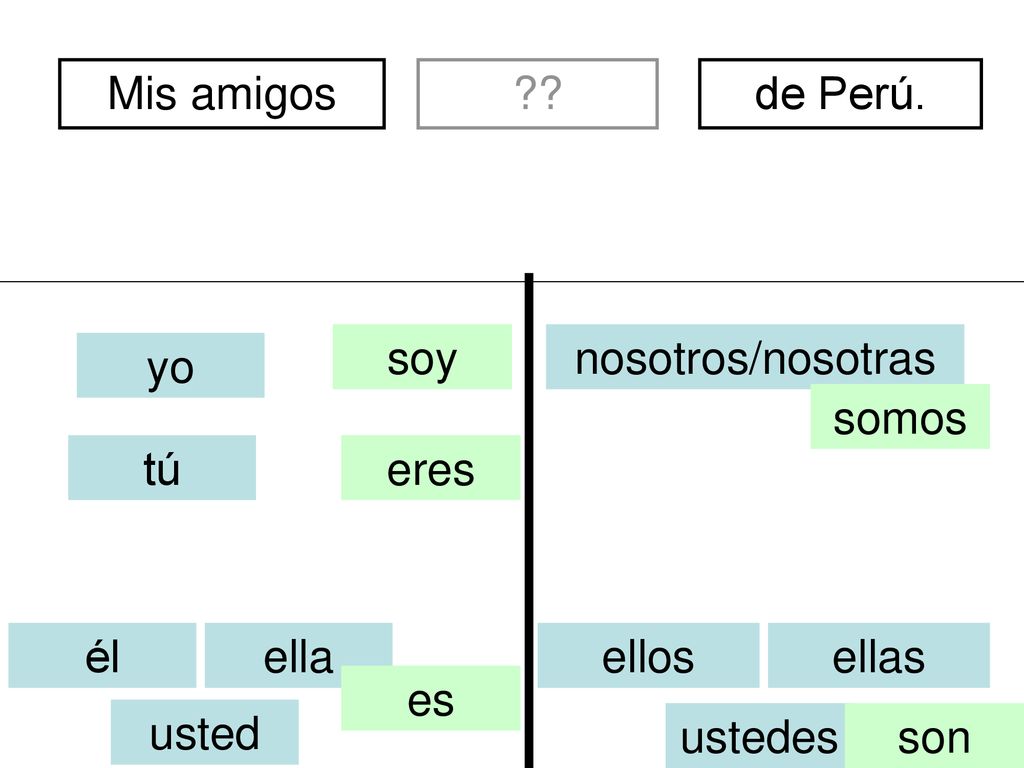 Mis amigos de Perú. soy. nosotros/nosotras. yo. somos. tú. eres. él. ella. ellos. ellas.