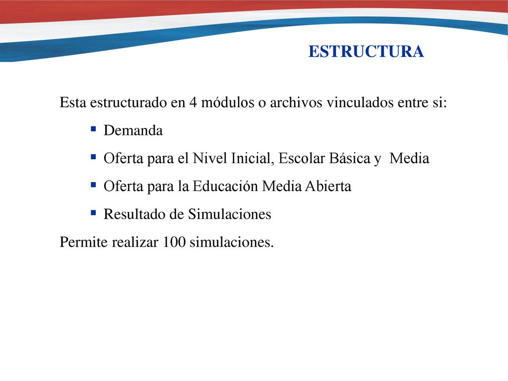 ESTRUCTURA Esta estructurado en 4 módulos o archivos vinculados entre si: Demanda. Oferta para el Nivel Inicial, Escolar Básica y Media.