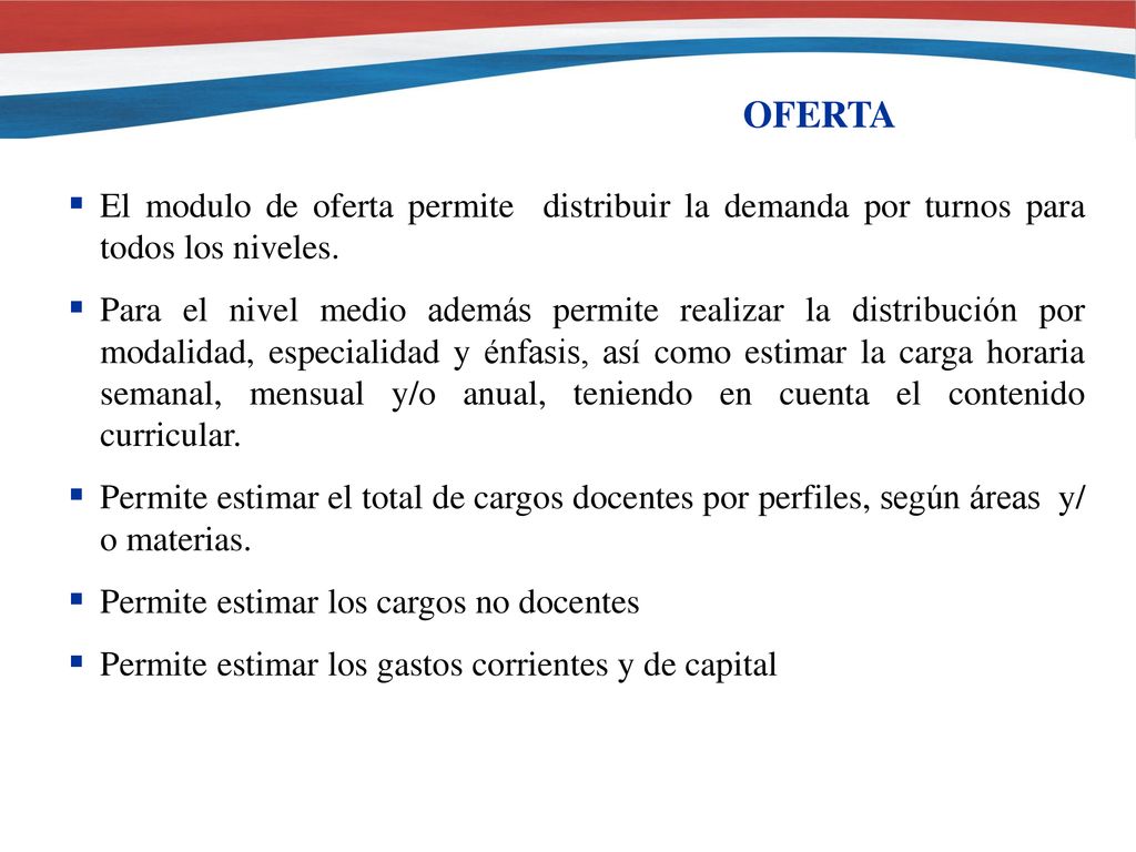 OFERTA El modulo de oferta permite distribuir la demanda por turnos para todos los niveles.