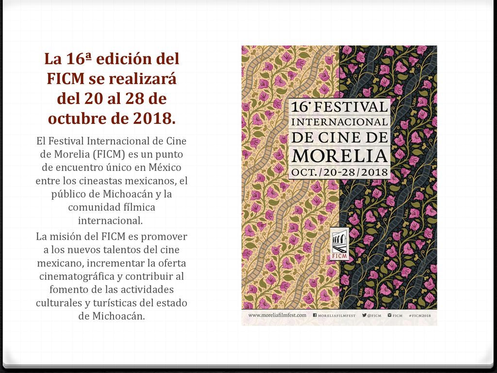 La 16ª edición del FICM se realizará del 20 al 28 de octubre de 2018.