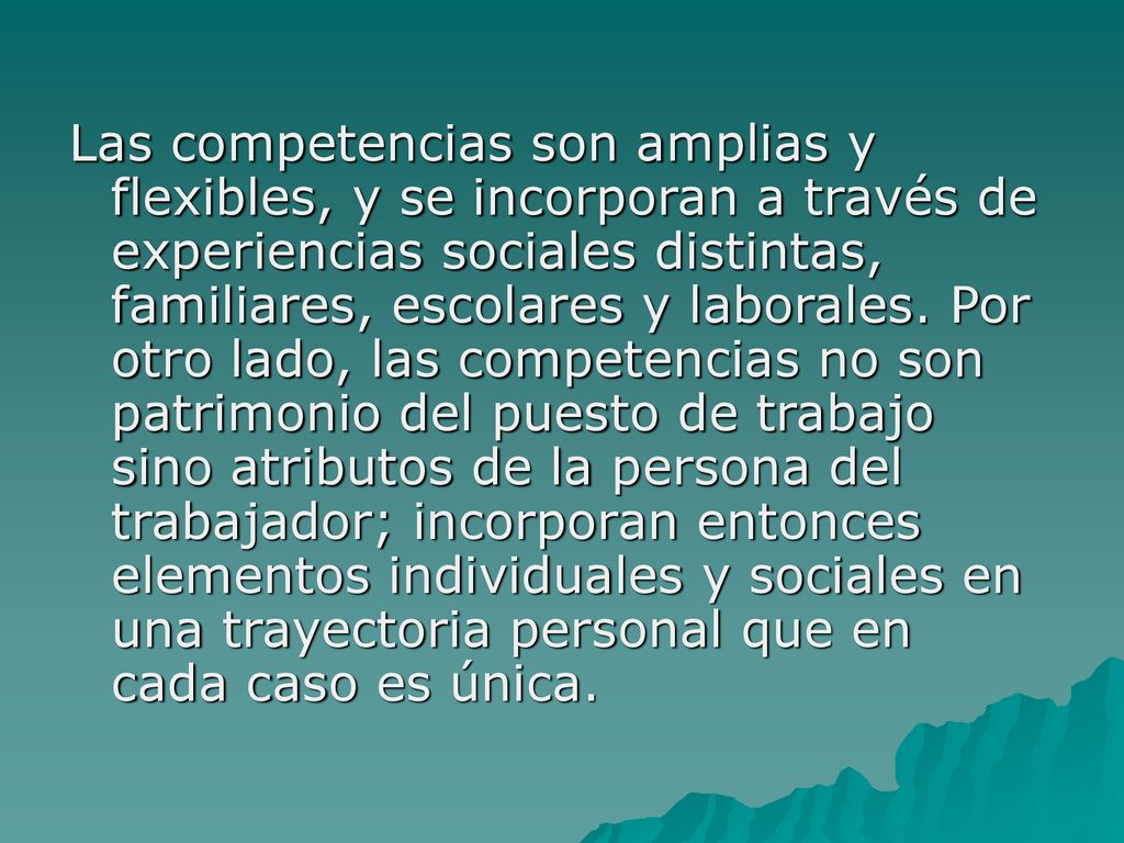 Las competencias son amplias y flexibles, y se incorporan a través de experiencias sociales distintas, familiares, escolares y laborales.
