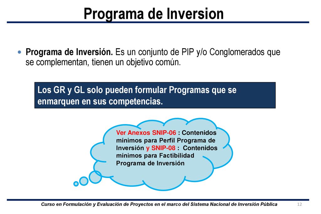 Programa de Inversion Programa de Inversión. Es un conjunto de PIP y/o Conglomerados que se complementan, tienen un objetivo común.