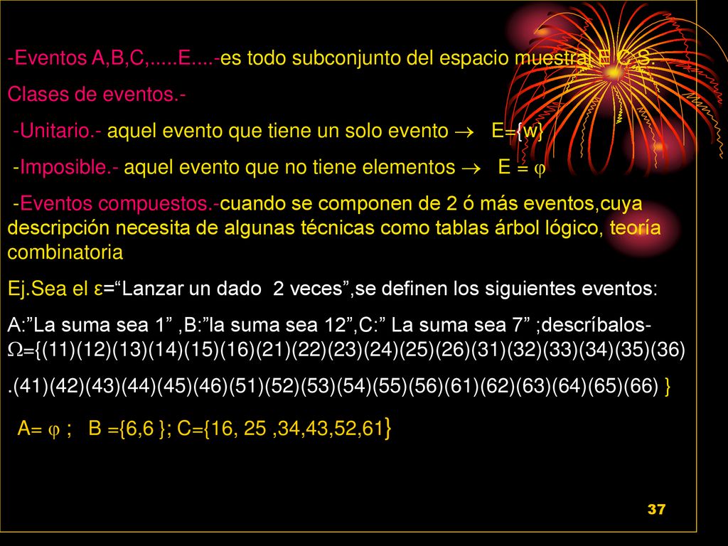 -Eventos A,B,C,.....E....-es todo subconjunto del espacio muestral E C S.