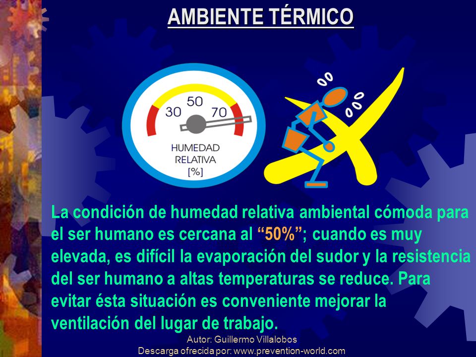 AMBIENTE TÉRMICO La condición de humedad relativa ambiental cómoda para. el ser humano es cercana al 50% ; cuando es muy.
