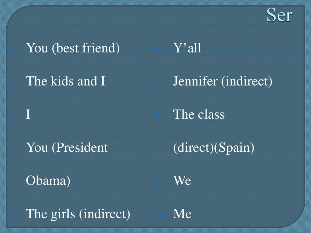 Ser You (best friend) Y’all The kids and I Jennifer (indirect) I