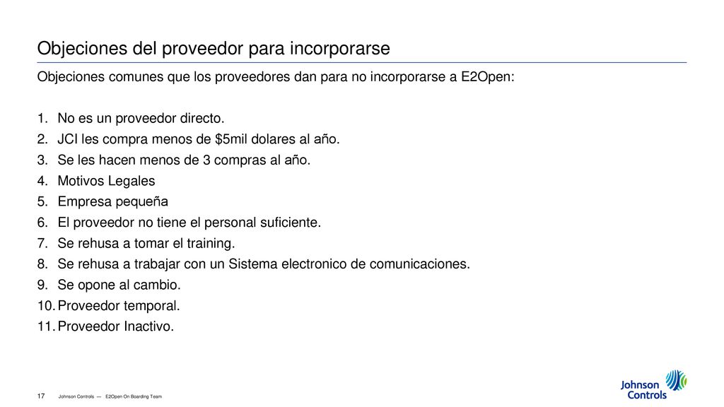Objeciones del proveedor para incorporarse