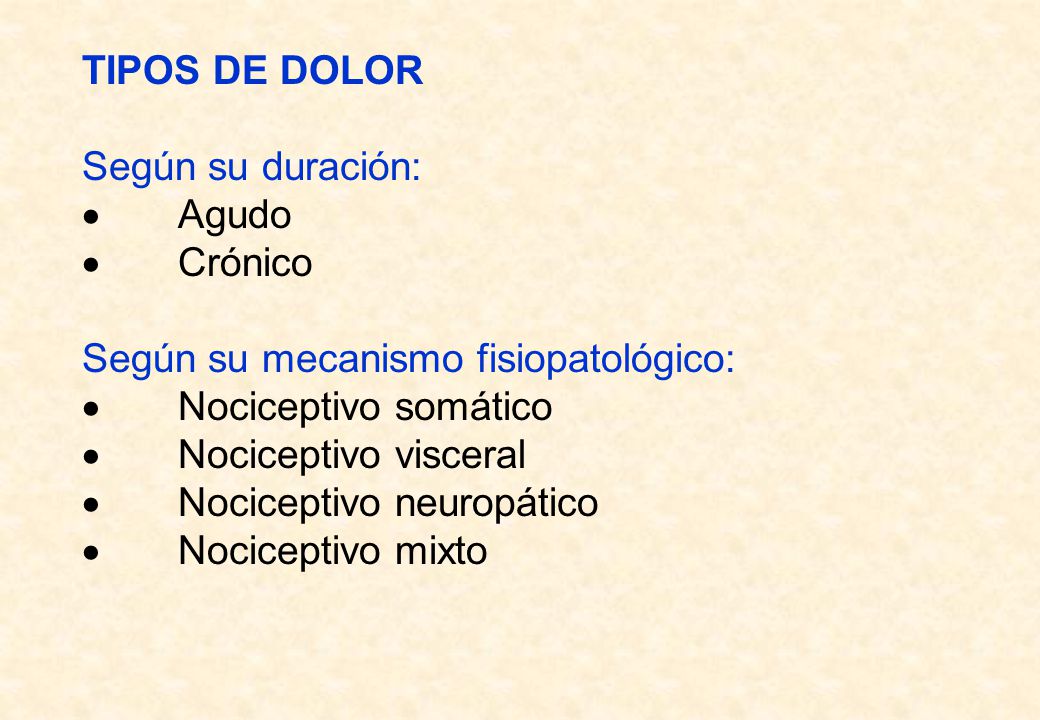 TIPOS DE DOLOR Según su duración: · Agudo. · Crónico. Según su mecanismo fisiopatológico: · Nociceptivo somático.