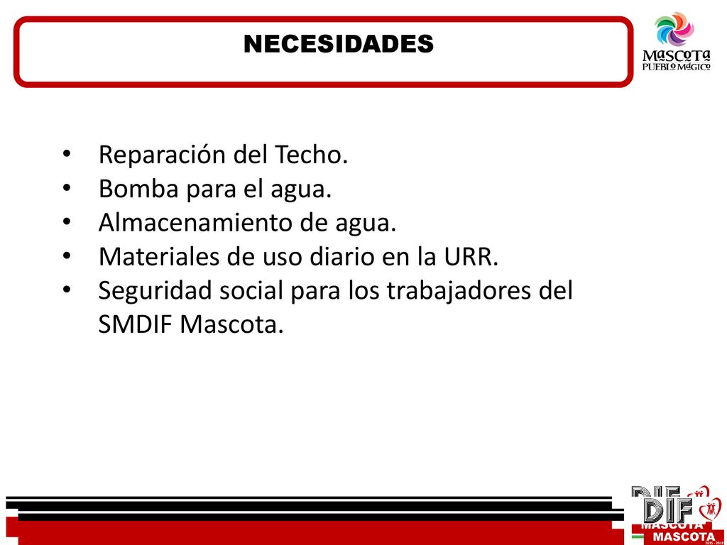Almacenamiento de agua. Materiales de uso diario en la URR.