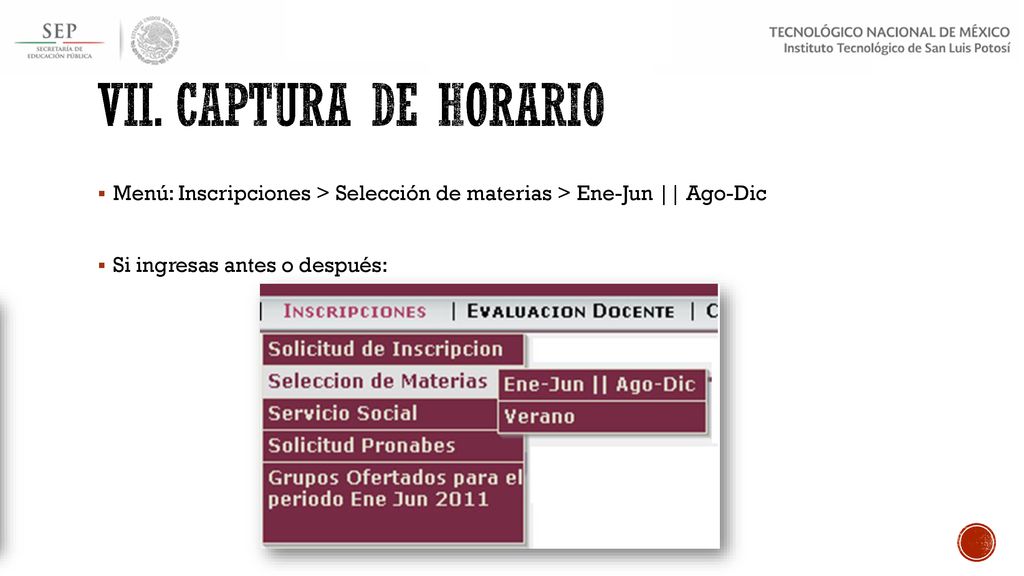 vii. Captura de horario Menú: Inscripciones > Selección de materias > Ene-Jun || Ago-Dic.