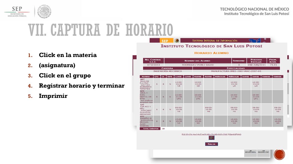 vii. Captura de horario Click en la materia (asignatura)